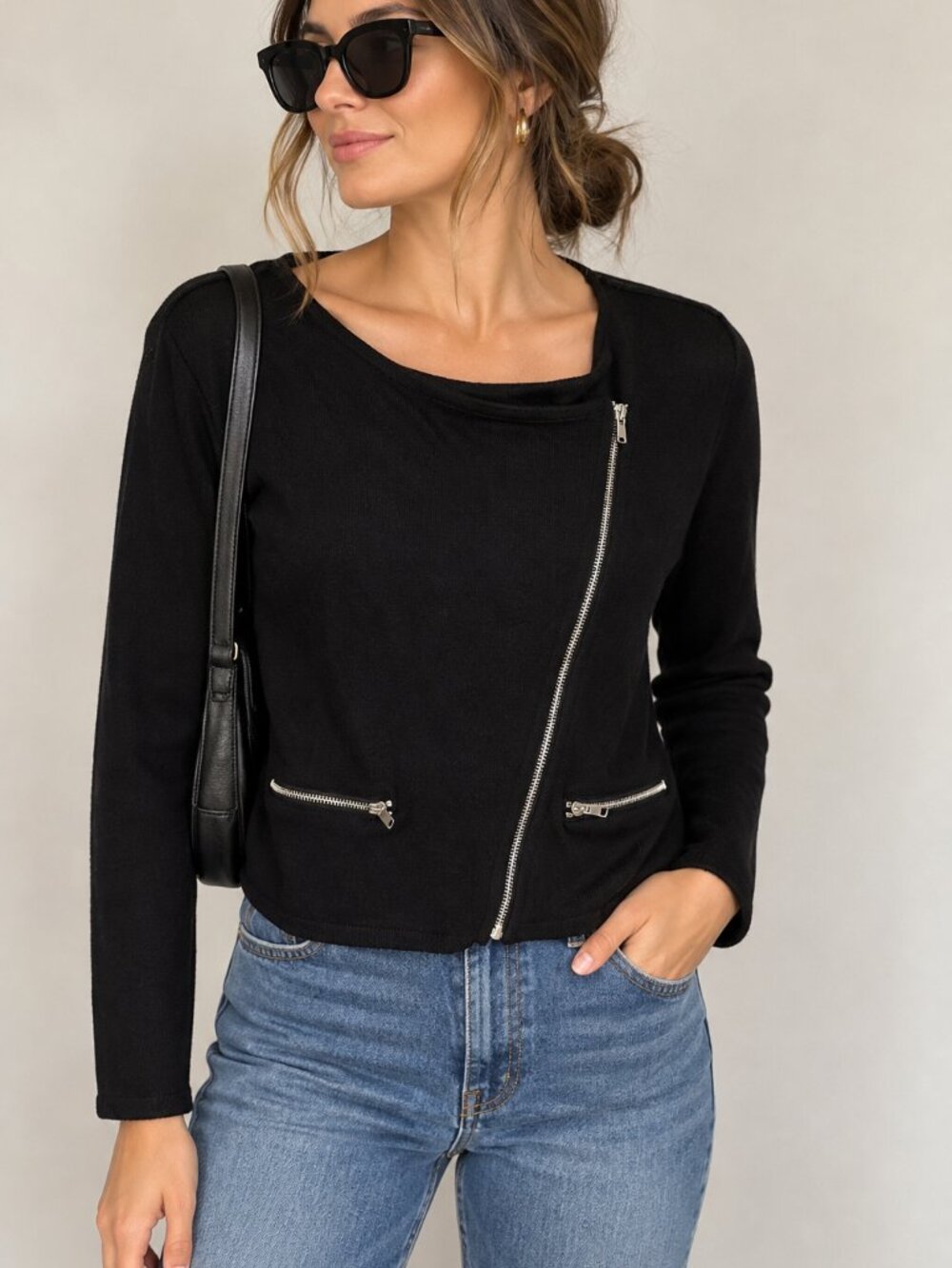 MAJE Black Wool Cashmere Asymmetrical Zip Cardigan Sweater Size Medium
